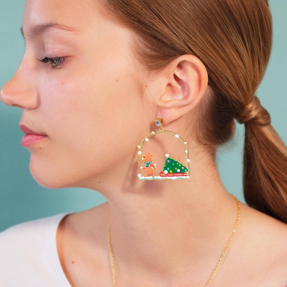 Les Nereides Christmas Tree and Cuddly Bear Post Drop Earrings - Picture 2 of 5